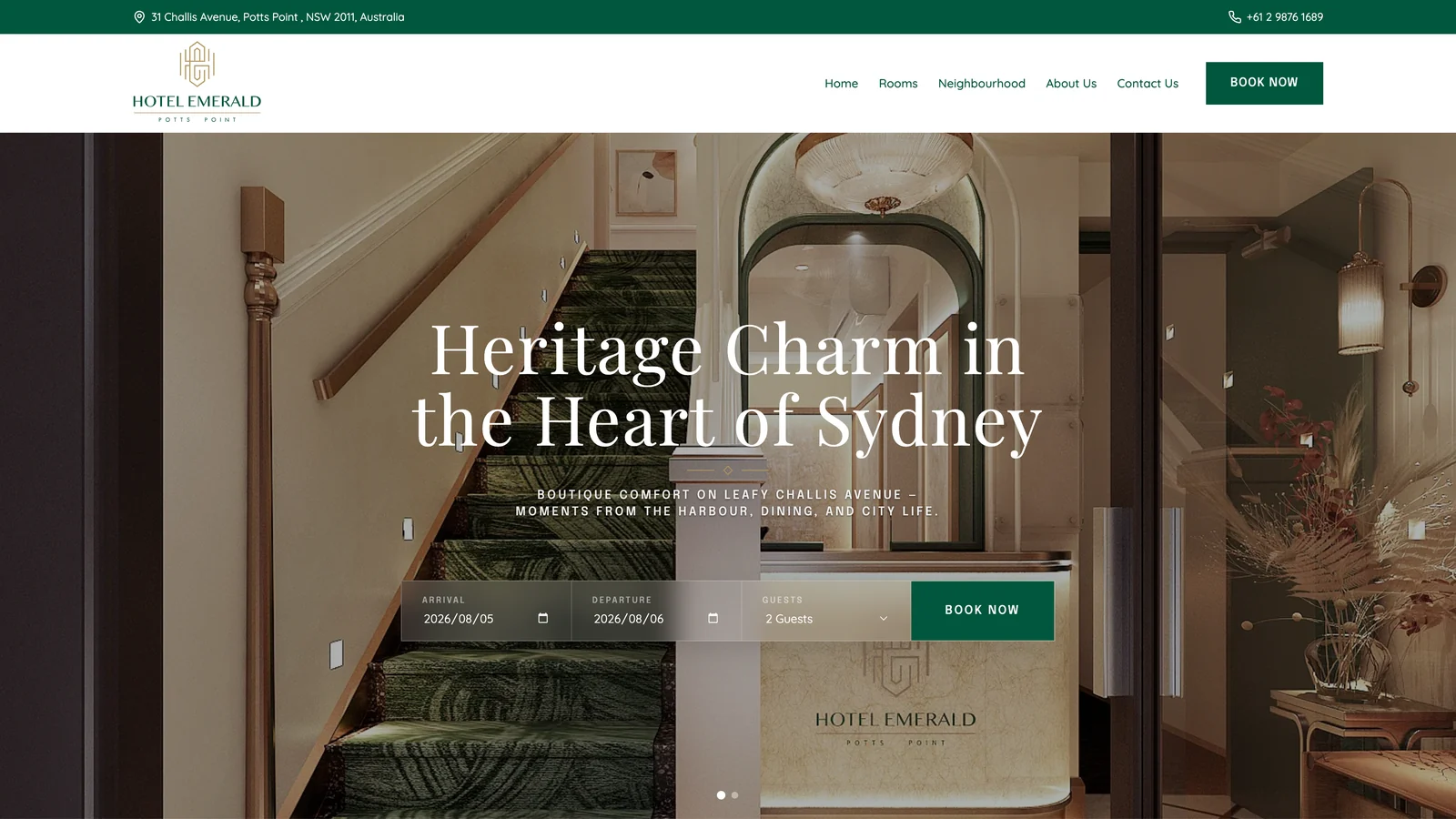 Hotel Emerald boutique hotel website homepage