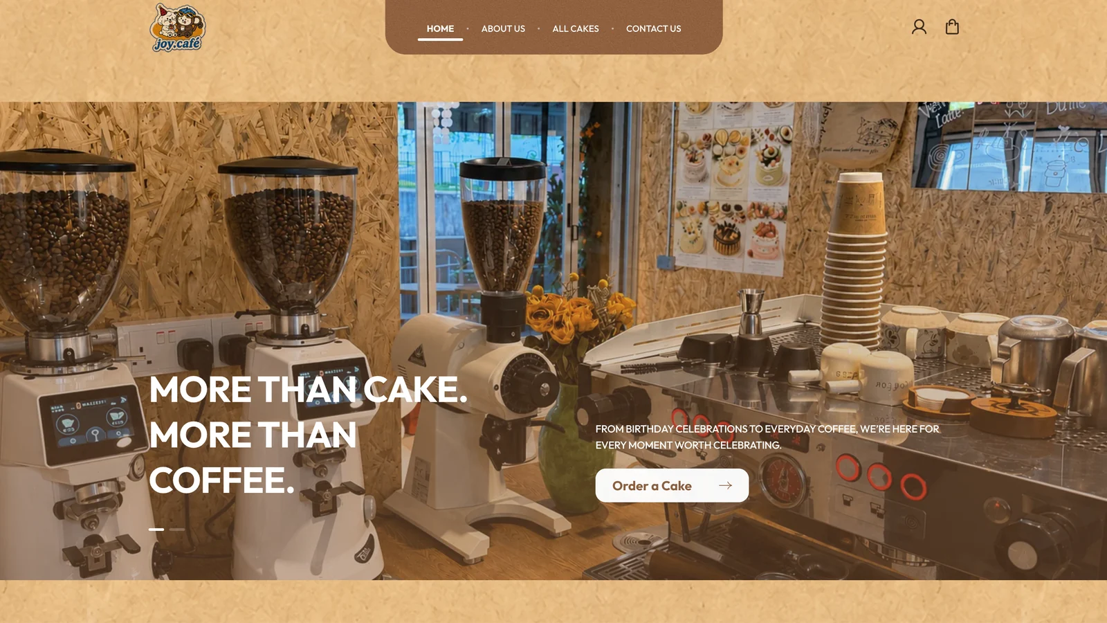Joy Cake bakery and cafe e-commerce website homepage
