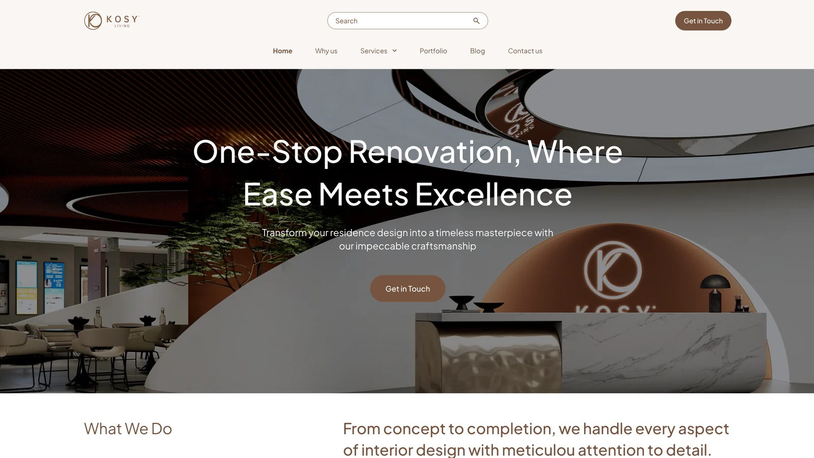 Kosy Living interior design and renovation website homepage